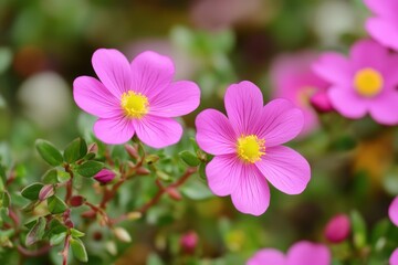 Vibrant pink flowers bloom among lush green foliage in a sunny garden setting