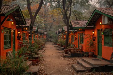 A serene pathway lined with brightly colored cottages nestled among lush trees, creating a tranquil and picturesque environment in the midst of nature