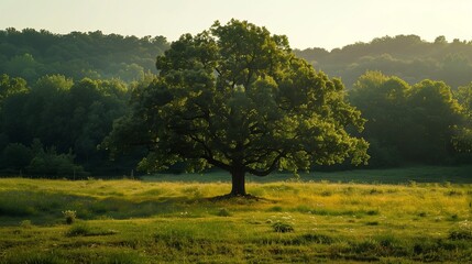 An isolated oak tree in a field.
