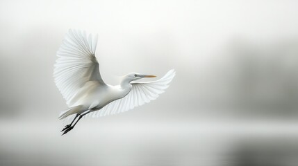 Naklejka premium Graceful Egret in Flight Over Misty Water