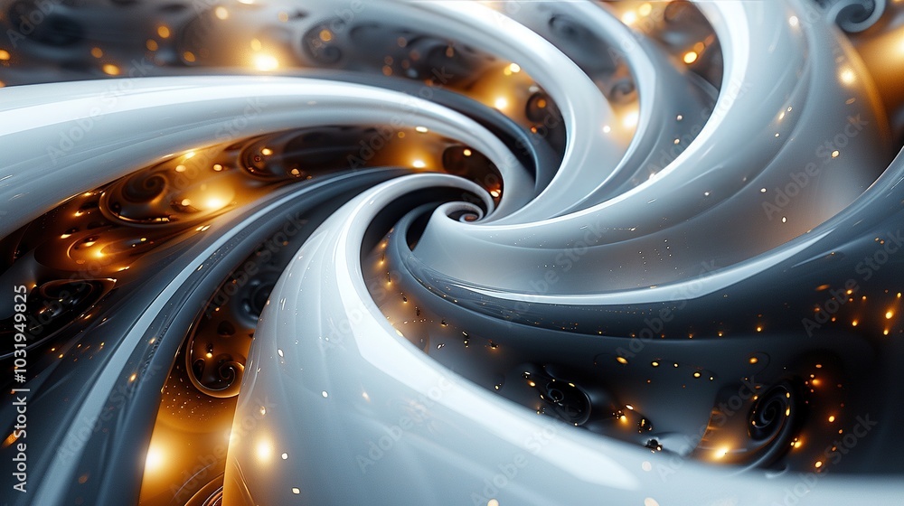 Poster a swirling abstract design with glossy textures and glowing elements, creating a dynamic visual.