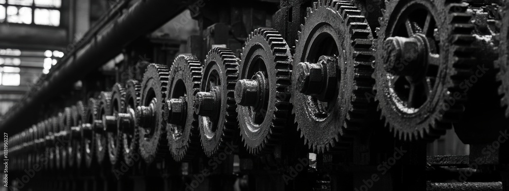 Poster aligned industrial gears, a series of uniform gears showcasing precision engineering and mechanical 