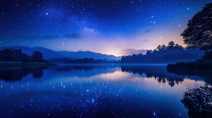 Starry Night Sky Reflecting Over Serene Lake Landscape