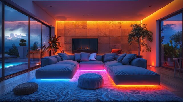 Home Automation, vibrant colors, tech devices, modern setting, inviting