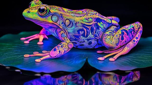 A colorful frog sits on a green leaf under a blacklight