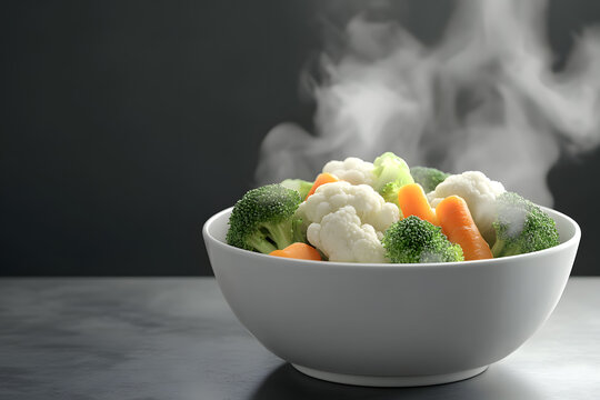 Steaming bowl of fresh vegetables, including broccoli, carrots, and cauliflower, isolated on dark dark background