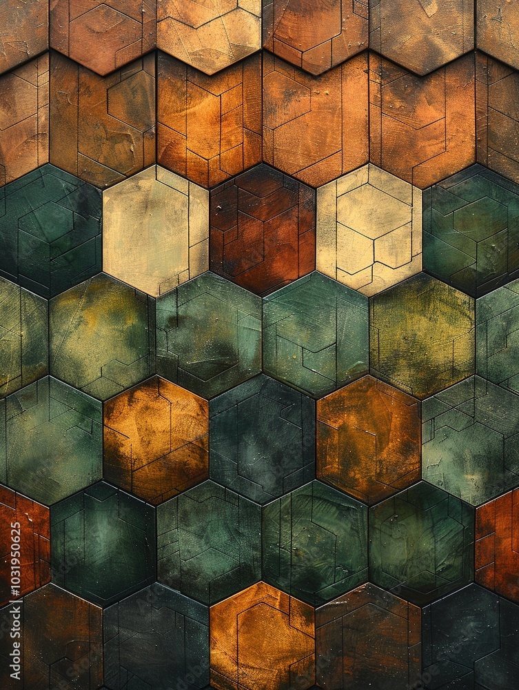 Poster a textured hexagonal tile pattern in warm earthy tones.