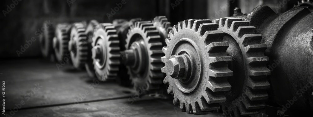 Poster aligned industrial gears, a series of uniform gears showcasing precision engineering, highlighting t