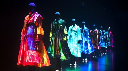 Fototapeta premium Quantum Superposition Fashion Show Displaying All Possible Styles Simultaneously in Vibrant Digital Showcase