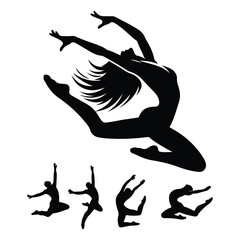 Silhouette of a black dancer leaping in mid-air vector set icon with  white background