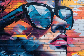 A colorful painting of a woman with sunglasses on a brick wall