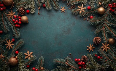 Festive holiday decor with pine branches, ornaments, and holly berries on a dark green background