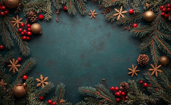 Festive holiday decor with pine branches, ornaments, and holly berries on a dark green background