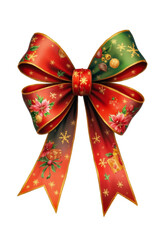 A beautifully crafted watercolor-style bow showcases vibrant colors and intricate festive patterns, ideal for enhancing holiday decorations and conveying seasonal cheer.