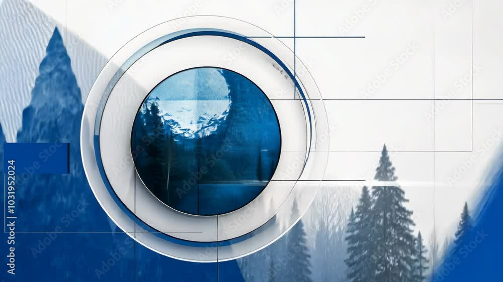 Aufkleber a circular frame with a snowy mountain scene reflected inside, with a winter forest in the backgroun