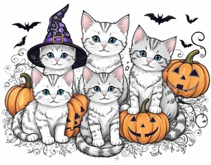 Fototapeta premium playful kittens pose with Halloween pumpkins in a festive autumn setting