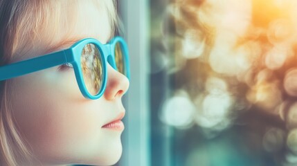 Young child wearing blue glasses focusing on distant tree outside window, symbolizing myopia prevention and importance of outdoor activities.