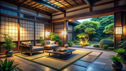 Fototapeta premium Japanese Zen Style Modern Living Room Interior at Night - Tranquil Design, Minimalist Aesthetics, Soothing Ambiance, Natural Materials, Calming Colors, Modern Furniture, Serene Atmosphere