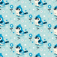 Children's pattern with a cute jay bird and flowers