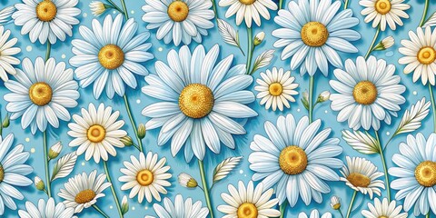 Cute Hand-Drawn Daisy Flower Seamless Pattern on Blue Background for Fabric Design, Macro Photography Style, Floral Vector Illustration, Perfect for Crafts and Textiles