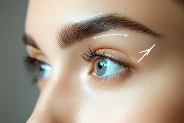 Blepharoplasty concept. Closeup view of lady eye with arrows point in direction of planned oculoplastic surgery to tighten and lift the skin around the, Generative AI