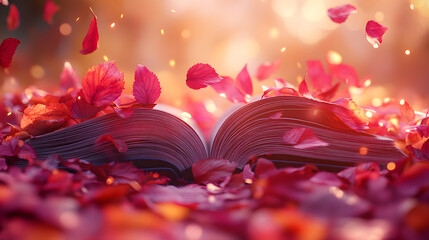 Enchanting Close-Up of an Open Book Surrounded by Autumn Leaves in a Softly Lit Environment
