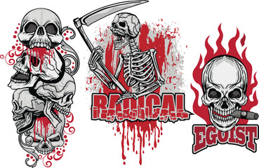 set, gothic sign with skull, grunge vintage design t shirts