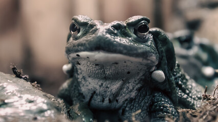 frog with a hypnotic gaze looks at the camera