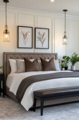 Cozy and modern bedroom featuring elegant decor, soft lighting, and stylish furnishings