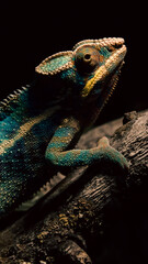 colorful chameleon on a branch in the dark at night