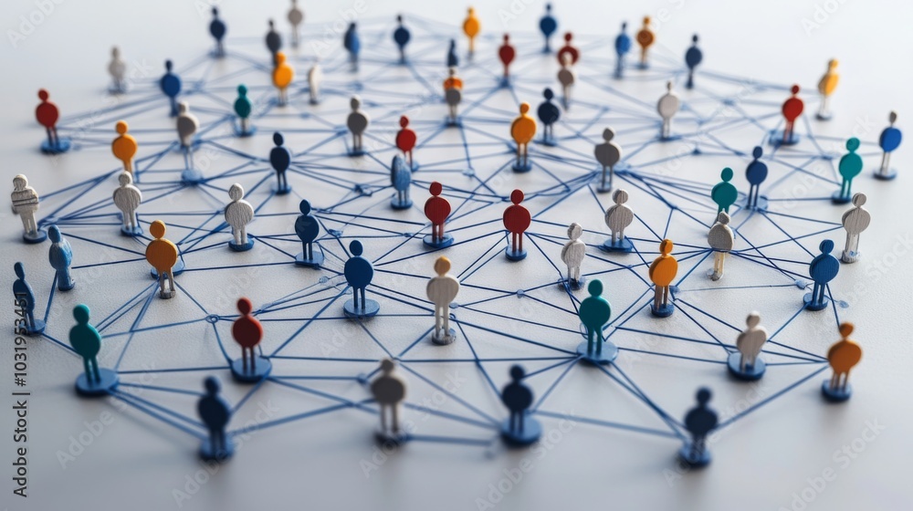 Aufkleber Colorful figures are connected by strings, illustrating a complex network of social relationships and community interactions in a modern context.