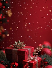 Decoratively wrapped red gift box with a pinecone on top surrounded by holiday decorations
