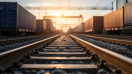 Sunset over a Busy Railway Terminal with Stacked Cargo Containers and Freight Trains