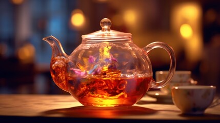 A Glass Teapot with Blooming Flowers
