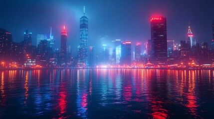 Fototapeta premium Vibrant Neon Urban Nightscape with Skyscrapers and Reflections on Water