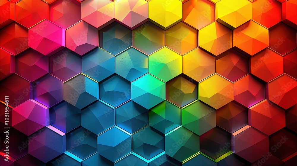 Poster a vibrant hexagonal pattern with 3d effects in various colors, creating a dynamic visual.