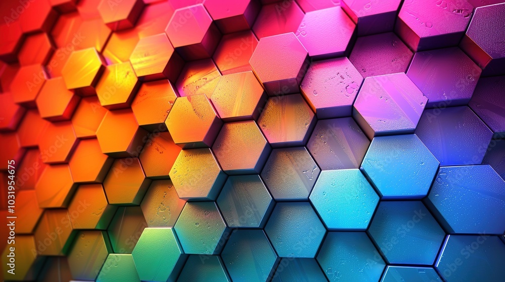Poster a vibrant hexagonal pattern with a gradient of colors creating a dynamic visual effect.