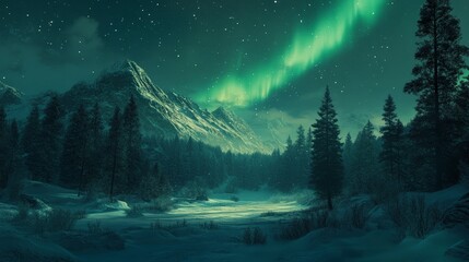 Aurora borealis illuminating a frosty forest landscape with green northern lights shining above snow-covered mountains at night, capturing the magical beauty of polar lights in a winter wonderland sce