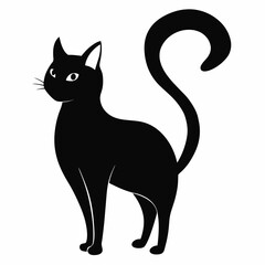 Black cat with arched back and raised tail silhouette vector illustration on white background 