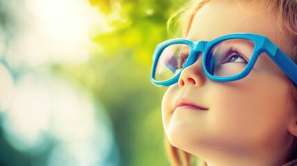 Young child wearing blue glasses focusing on distant tree outside window, symbolizing myopia prevention and importance of outdoor activities.