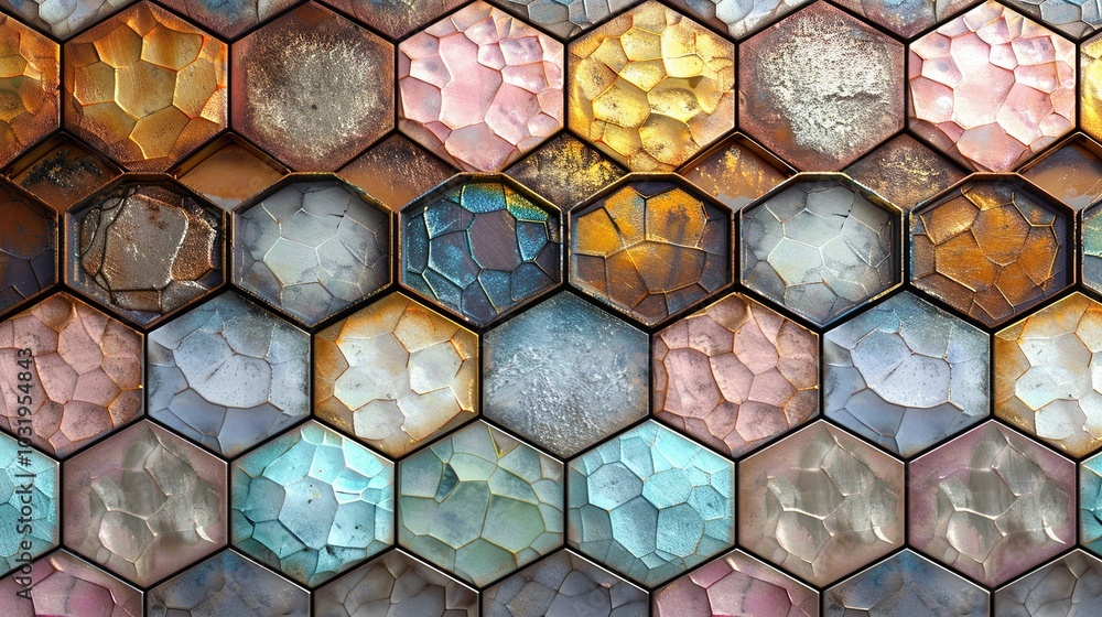 Poster a vibrant hexagonal tile pattern showcasing various colors and textures.