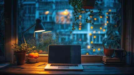 A laptop sits on a wooden desk beside a window with rain and a hanging plant, creating a cozy and inviting atmosphere.