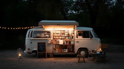 Cozy Campervan Transformed into an Outdoor Mobile Library under the Night Sky