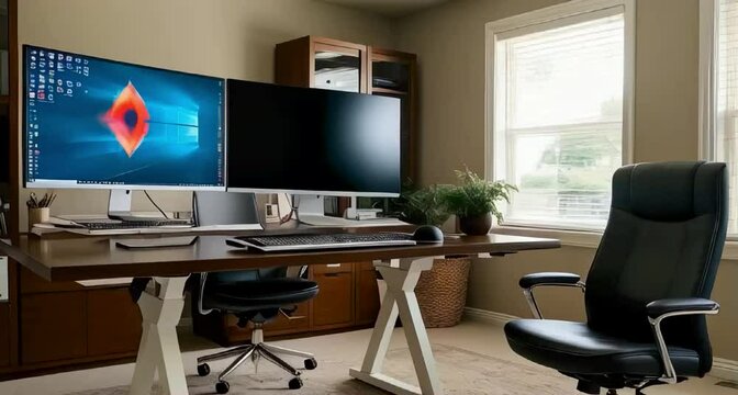 A spacious home office with a large monitor, keyboard, and comfortable swivel chair, optimized for long hours of work