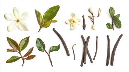 Vanilla blossoms and pods alongside their accompanying foliage stand isolated against a pristine backdrop of white. 