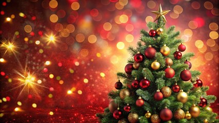 Merry Christmas Background with Xmas Tree and Sparkling Bokeh Lights on Red Canvas for Holiday Cards and New Year Greetings