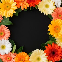 Obraz premium A floral frame featuring vibrant daisies in various colors on a black background.