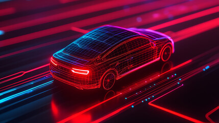 Futuristic concept of a neon glowing car on a digital road, showcasing advanced technology and vibrant colors against a dark background.