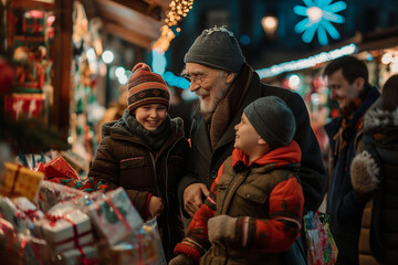 A man, a woman and a child are standing in front of a Christmas tree