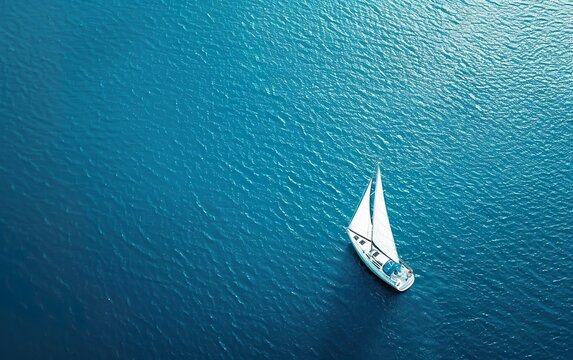 Aerial shot, white sailing yacht in Croatia in the daytime, drone view. Top view perspective, luxury sailboat in the open ocean on a sunny day, birds eye view. Mediterranean sea region. AI generated - Powered by Adobe